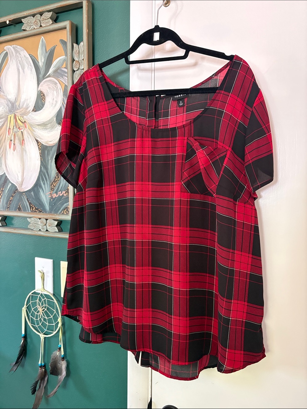 torrid Red & Black Plaid Short Sleeve Scoop Neck Blouse